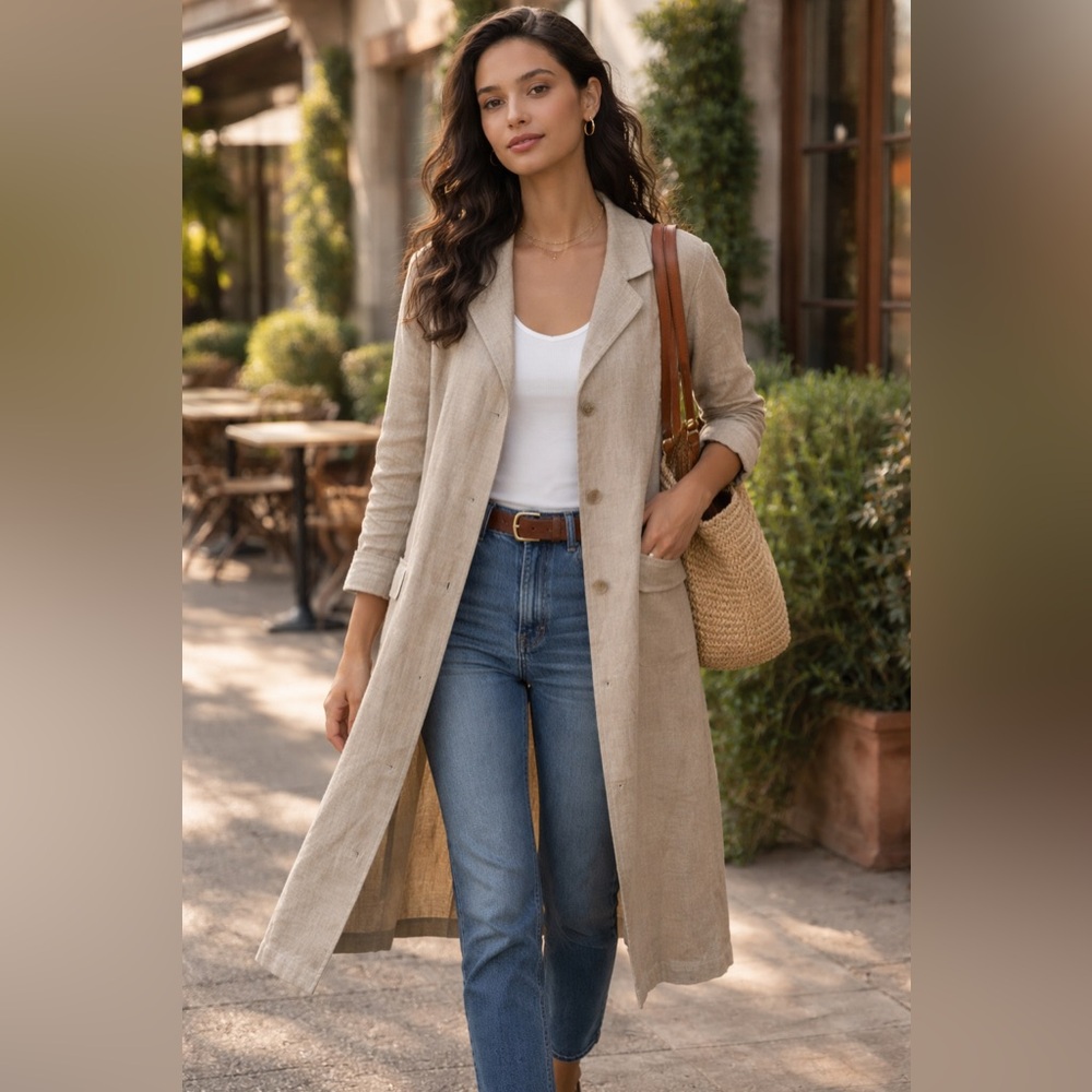 Sundance 100% Linen Duster Coat Khaki Longline Jacket Coastal Capsule Sz Medium